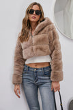 Preto Fofo Faux Fur Zip Up Casaco Curto