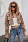 Preto Fofo Faux Fur Zip Up Casaco Curto