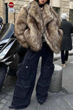 Castanho Fofo Faux Fur Manga Longa Frente Aberta Casaco Curto