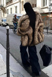 Castanho Fofo Faux Fur Manga Longa Frente Aberta Casaco Curto
