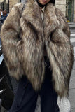 Castanho Fofo Faux Fur Manga Longa Frente Aberta Casaco Curto