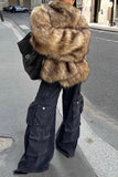 Castanho Fofo Faux Fur Manga Longa Frente Aberta Casaco Curto