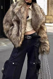 Castanho Fofo Faux Fur Manga Longa Frente Aberta Casaco Curto