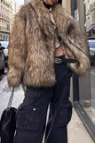 Castanho Fofo Faux Fur Manga Longa Frente Aberta Casaco Curto
