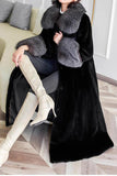 Preto Lapela Pescoço Veludo Maxi Casaco Feminino