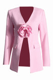 Blazer Feminino Elegante Rosa 3D Flor