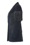 Sparkly Navy Peak Lapela Mulheres Blazer com Franjas