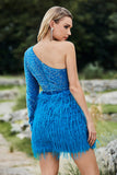 Sparkly Blue One Shoulder Manga Sequined Feather Homecoming Vestido