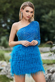 Sparkly Blue One Shoulder Manga Sequined Feather Homecoming Vestido