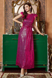 Fuchsia Ruffle Mangas Longo Vestido de Baile