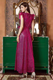 Fuchsia Ruffle Mangas Longo Vestido de Baile