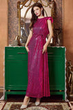 Fuchsia Ruffle Mangas Longo Vestido de Baile