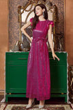 Fuchsia Ruffle Mangas Longo Vestido de Baile