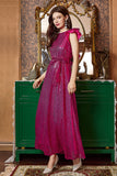 Fuchsia Ruffle Mangas Longo Vestido de Baile