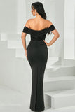 Preto frisado fora do ombro bodycon vestido longo baile de formatura