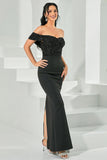 Preto frisado fora do ombro bodycon vestido longo baile de formatura