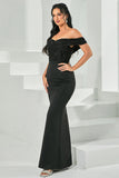 Preto frisado fora do ombro bodycon vestido longo baile de formatura