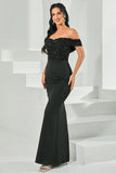 Preto frisado fora do ombro bodycon vestido longo baile de formatura