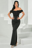 Preto frisado fora do ombro bodycon vestido longo baile de formatura