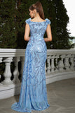 Sparkly Blue Sequined Semaid Vestido Longo Baile de Formatura