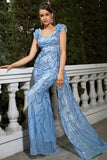 Sparkly Blue Sequined Semaid Vestido Longo Baile de Formatura