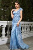 Sparkly Blue Sequined Semaid Vestido Longo Baile de Formatura