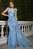 Sparkly Blue Sequined Semaid Vestido Longo Baile de Formatura