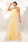 Amarelo Floral Strapless Corset Long Prom Dress