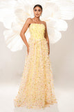 Amarelo Floral Strapless Corset Long Prom Dress