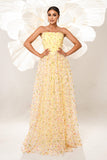 Amarelo Floral Strapless Corset Long Prom Dress