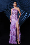 Sparkly roxo um ombro longo vestido de baile com fenda