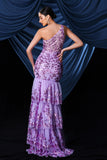 Sparkly roxo um ombro longo vestido de baile com fenda