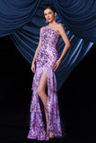 Sparkly roxo um ombro longo vestido de baile com fenda