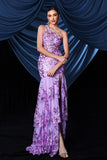 Sparkly roxo um ombro longo vestido de baile com fenda