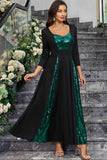 Sparkly preto verde sequined um vestido de baile de formatura linha com mangas compridas