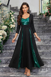 Sparkly preto verde sequined um vestido de baile de formatura linha com mangas compridas