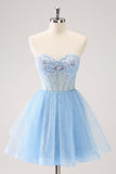 Sky Blue Uma Linha Sweetheat Corset Tulle Homecoming Dress com Sequins