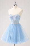 Sky Blue Uma Linha Sweetheat Corset Tulle Homecoming Dress com Sequins