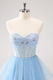 Sky Blue Uma Linha Sweetheat Corset Tulle Homecoming Dress com Sequins