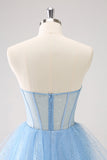 Sky Blue Uma Linha Sweetheat Corset Tulle Homecoming Dress com Sequins