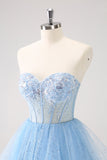 Sky Blue Uma Linha Sweetheat Corset Tulle Homecoming Dress com Sequins