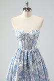 Bonito azul A-Line querida Brocade Corset Long Prom Dress