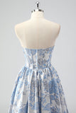 Bonito azul A-Line querida Brocade Corset Long Prom Dress