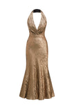 Golden Halter Neck Sereia Cetim Midi Cocktail Dress