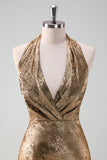 Golden Halter Pescoço Sereia Midi Vestido de Noiva Convidado