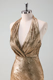 Golden Halter Pescoço Sereia Midi Vestido de Noiva Convidado