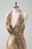 Golden Halter Pescoço Sereia Midi Vestido de Noiva Convidado