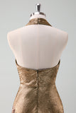 Golden Halter Pescoço Sereia Midi Vestido de Noiva Convidado