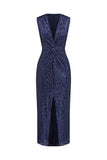 Vestido de cocktail Navy V-neck Sheath Sequins Midi com fenda