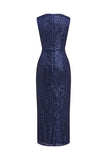 Vestido de cocktail Navy V-neck Sheath Sequins Midi com fenda